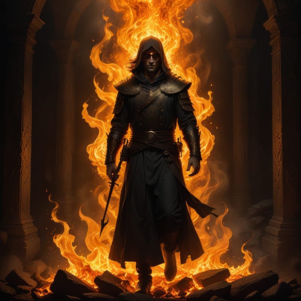 Fire or glowing embers as a sense of power, transformation,  eyes burn like coals