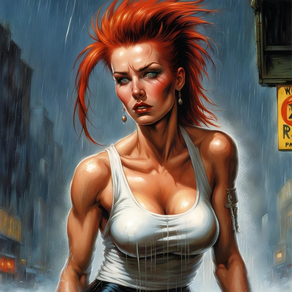 Redhead Punk Woman in Rain, Comic Book Art