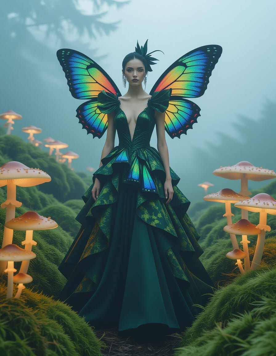 Ethereal Forest Spirit in Avant-Garde Moss Gown