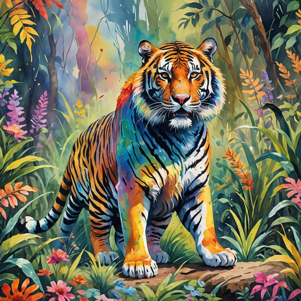 Rainbow Tiger in Gouache Style