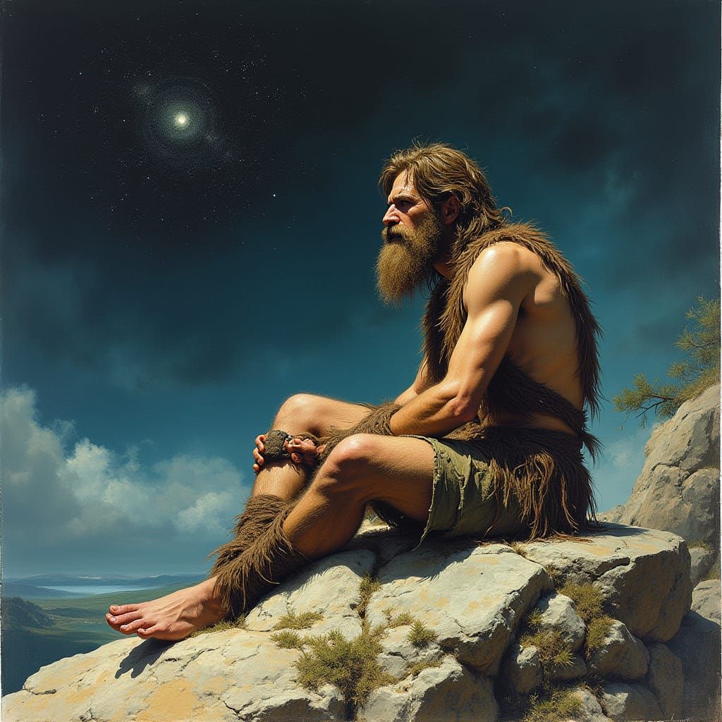 Savage Caveman Contemplates the Cosmos in Frazetta-Inspired,...