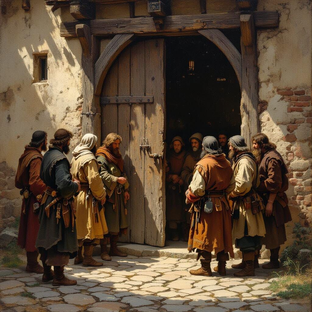 Medieval Commoners Gather By A Weathered Door, Oil Painting
