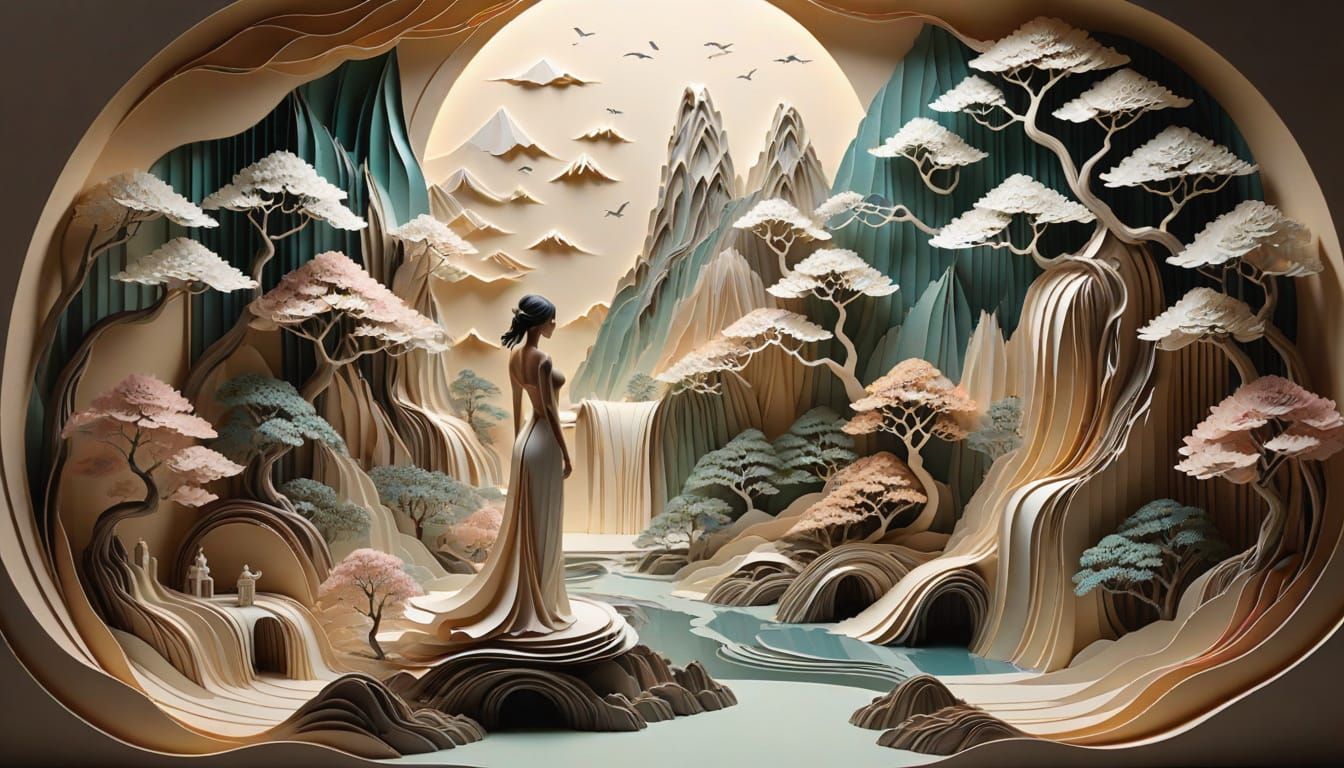 Surreal Paper Woman in Abstract Zen Garden