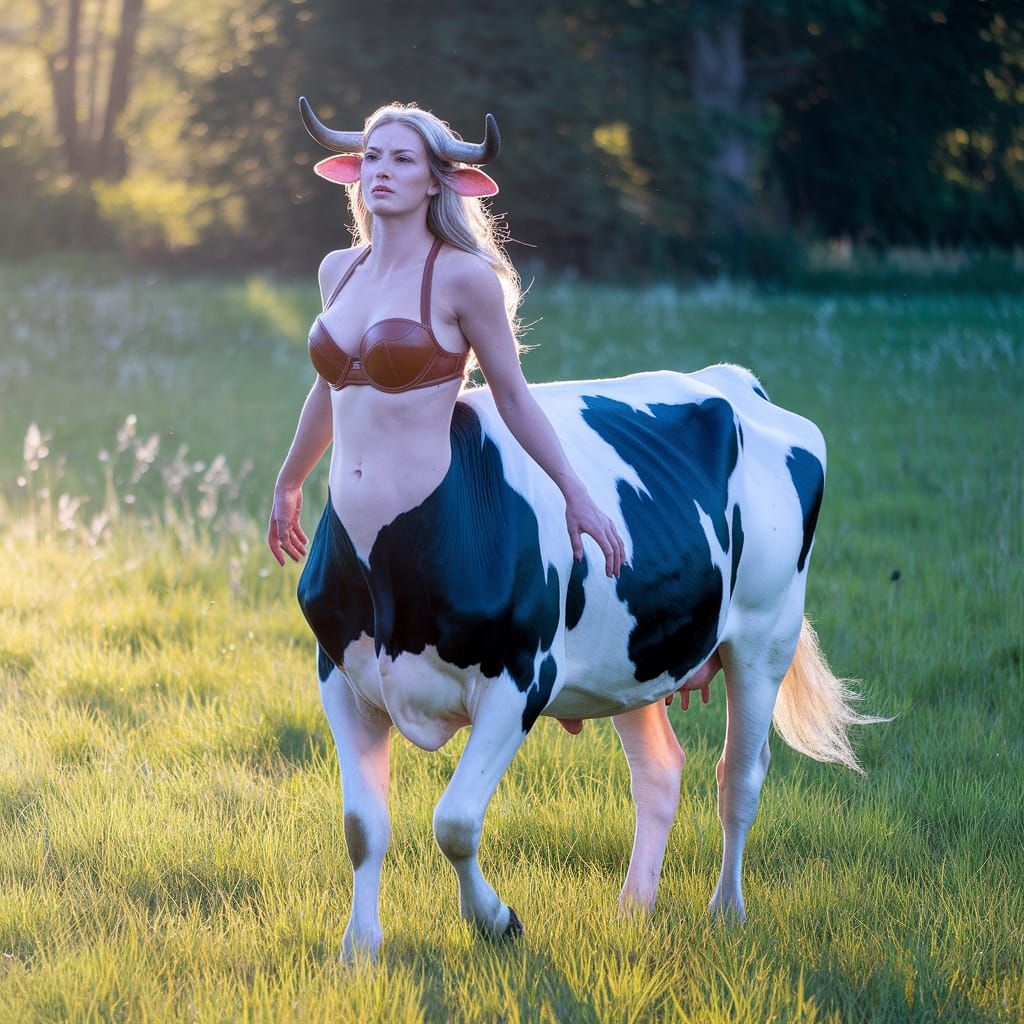 Majestic Cow Centaur in Sunlit Meadow