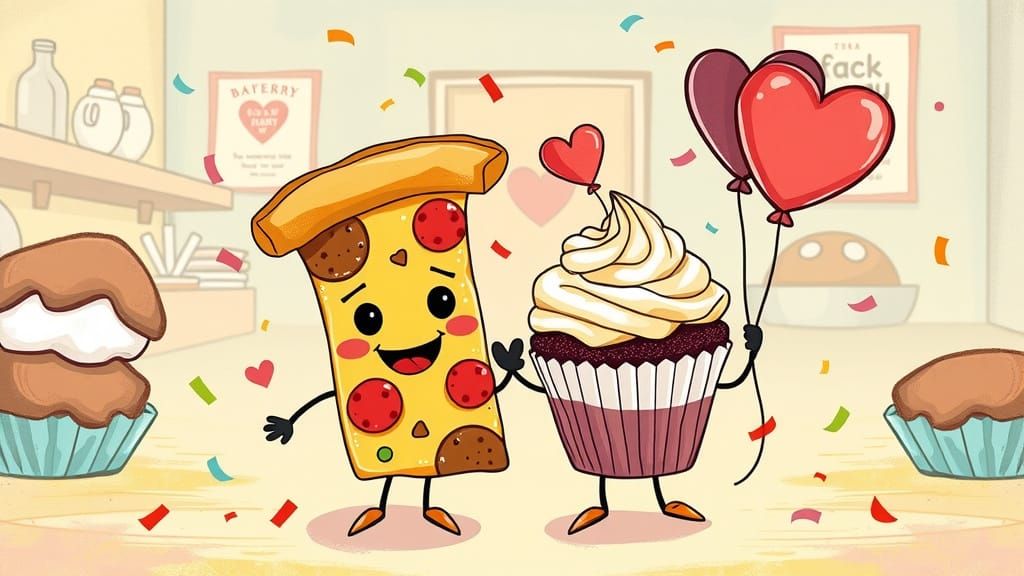 Whimsical Bakery Scene with Pizza Slice and Cupcake Friends
