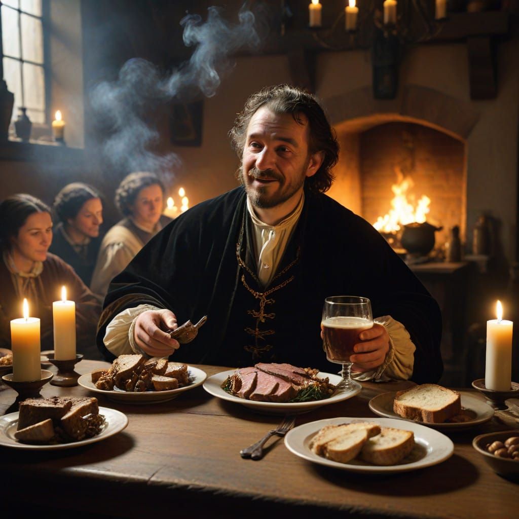 17th Century English Christmas Feast in Earthy Tones and Can...