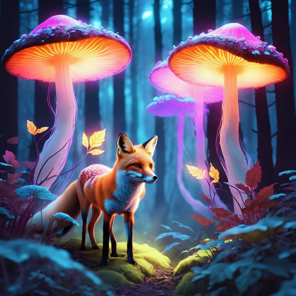 Surreal Forest Scene with Glowing Mushrooms and Fox