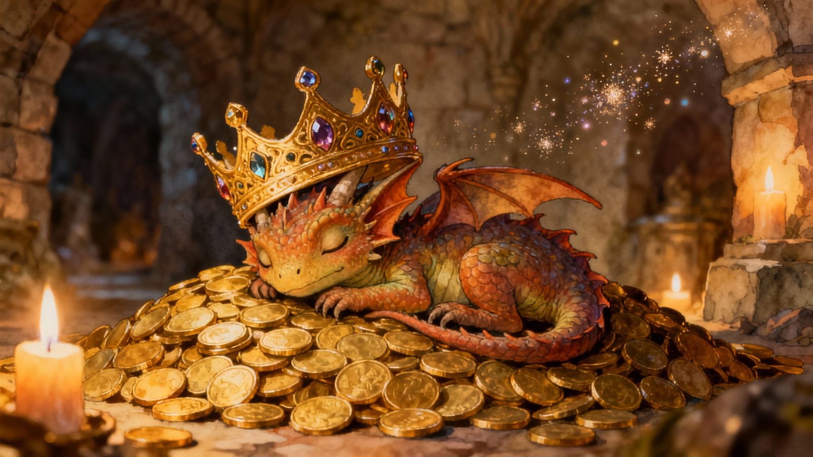 Baby Dragon Crowned on Gold Pile in Fantasy Dungeon