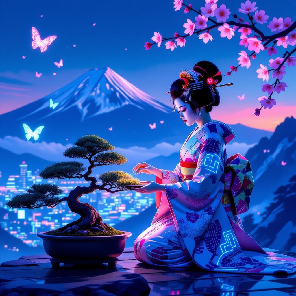 Futuristic Geisha: Cyberpunk City and Bonsai Tree