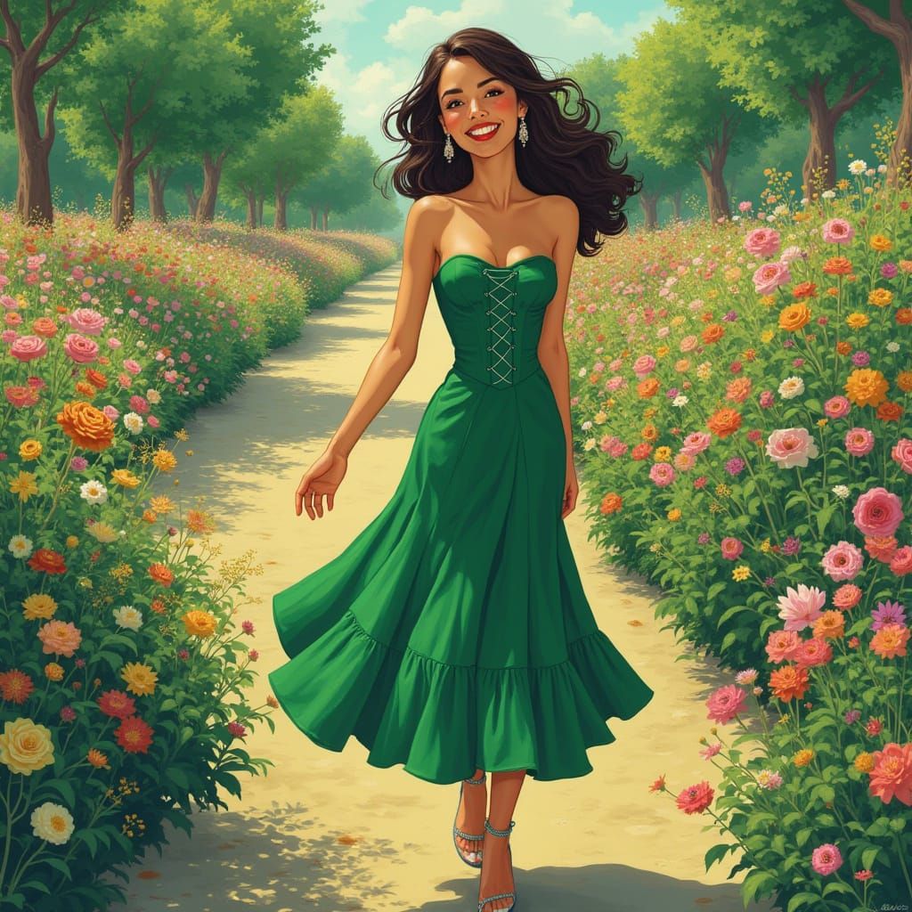 Elegant Woman in Garden, Hyperrealistic Style