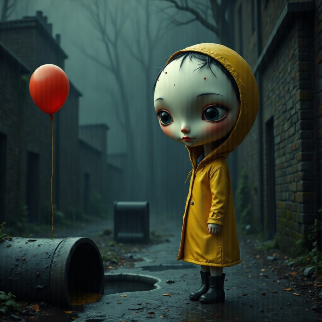 Girl with Egg Head in Yellow Jacket Beside Sewer