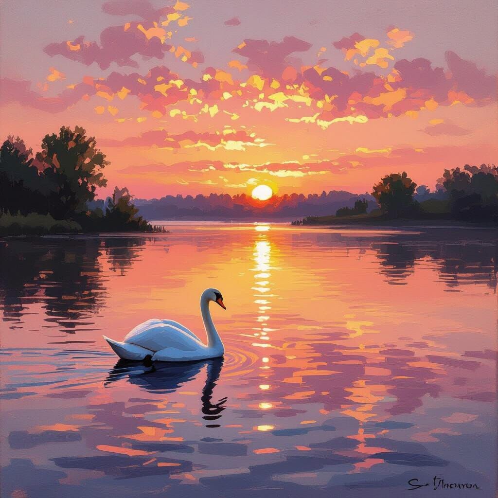 Tranquil Sunset Lake with Swan in Impressionistic Style