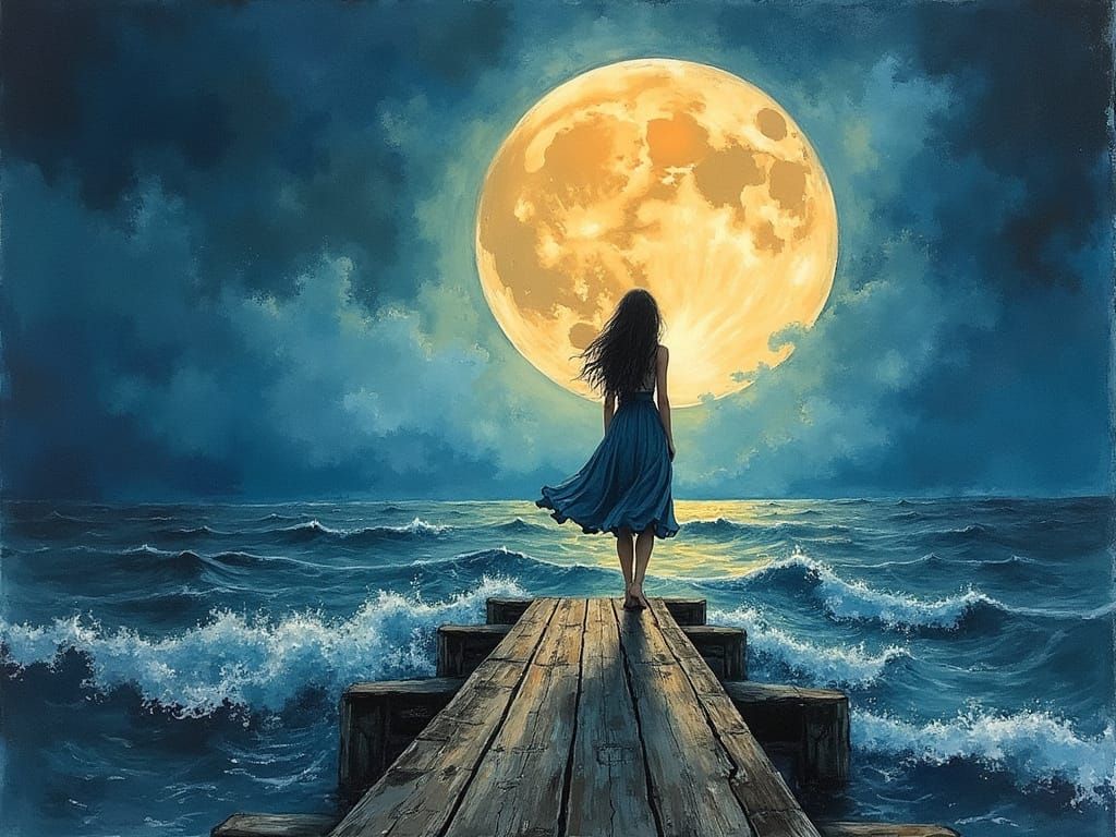 Woman and Moonlight: Mixed Media Seascape
