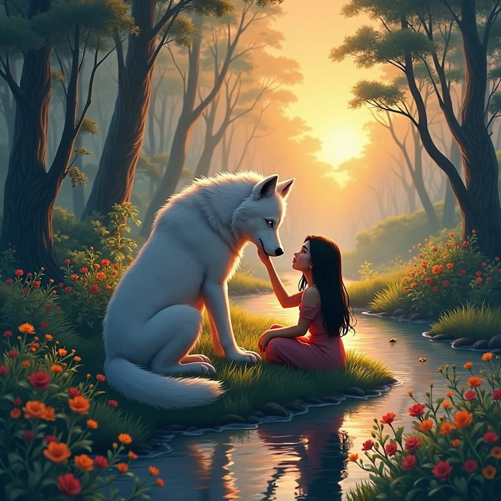 Wolf and Woman in Forest: Fantasy Concept Art