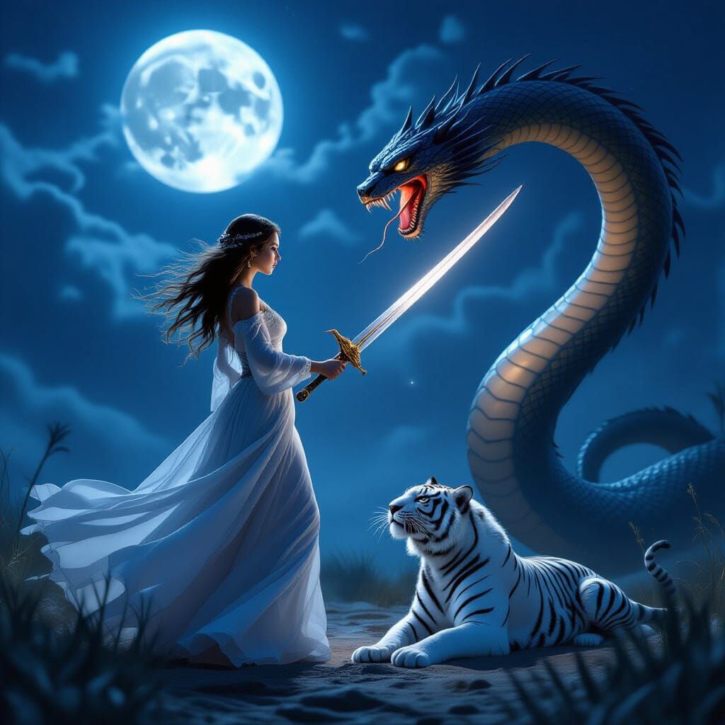 Moonlit Battle: Woman, Serpent, and White Tiger
