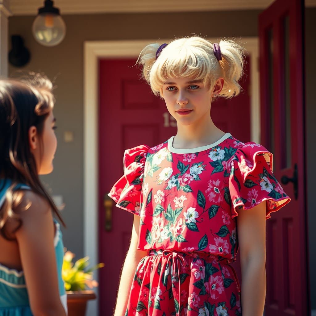 Young Man in Floral Dress Answers Door in Cinematic Style