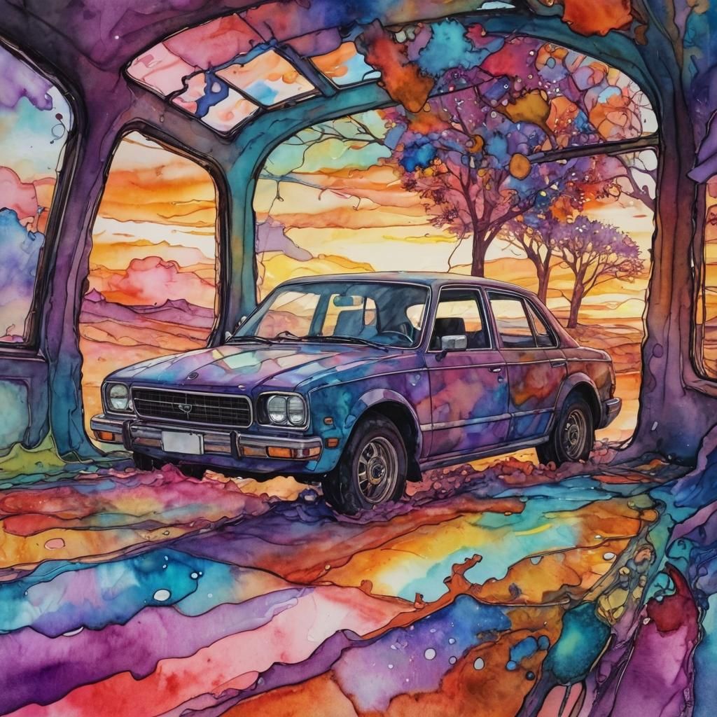 Car in Surreal Dreamscape: Alcohol Ink Painting