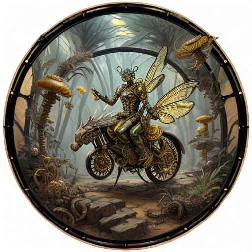 Steampunk Dragonfly Rider Soars Through Enchanted Forest