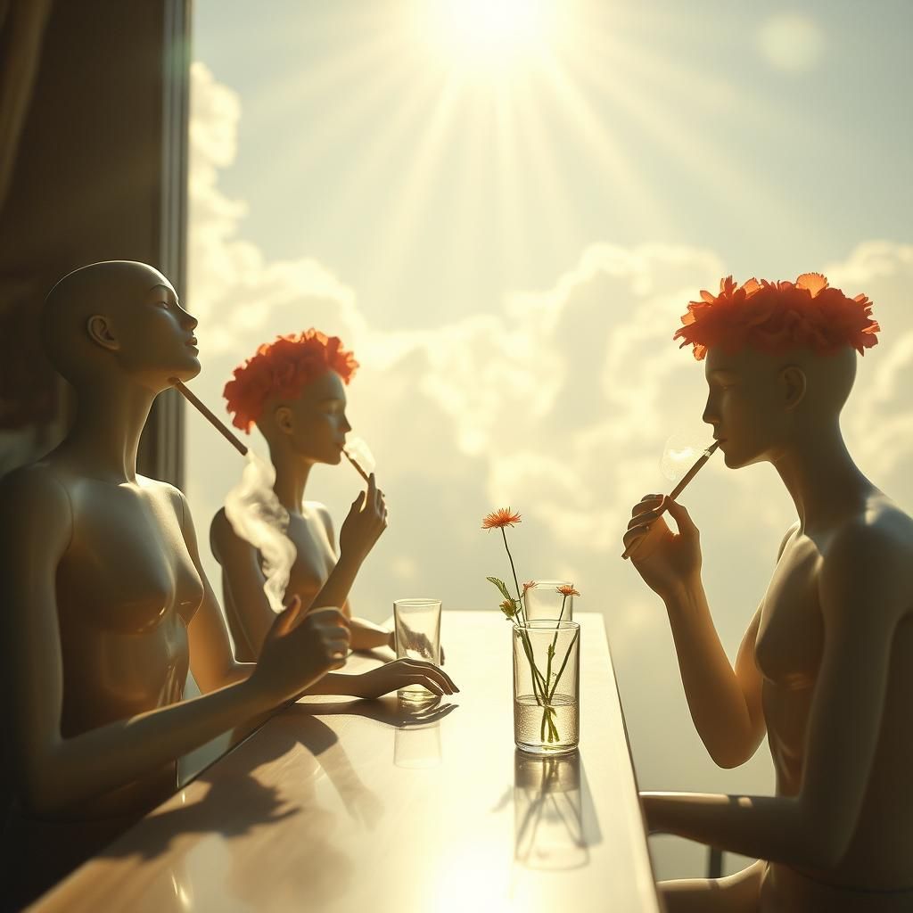 Surreal Mannequin Flower Eaters in a Smoking Bar