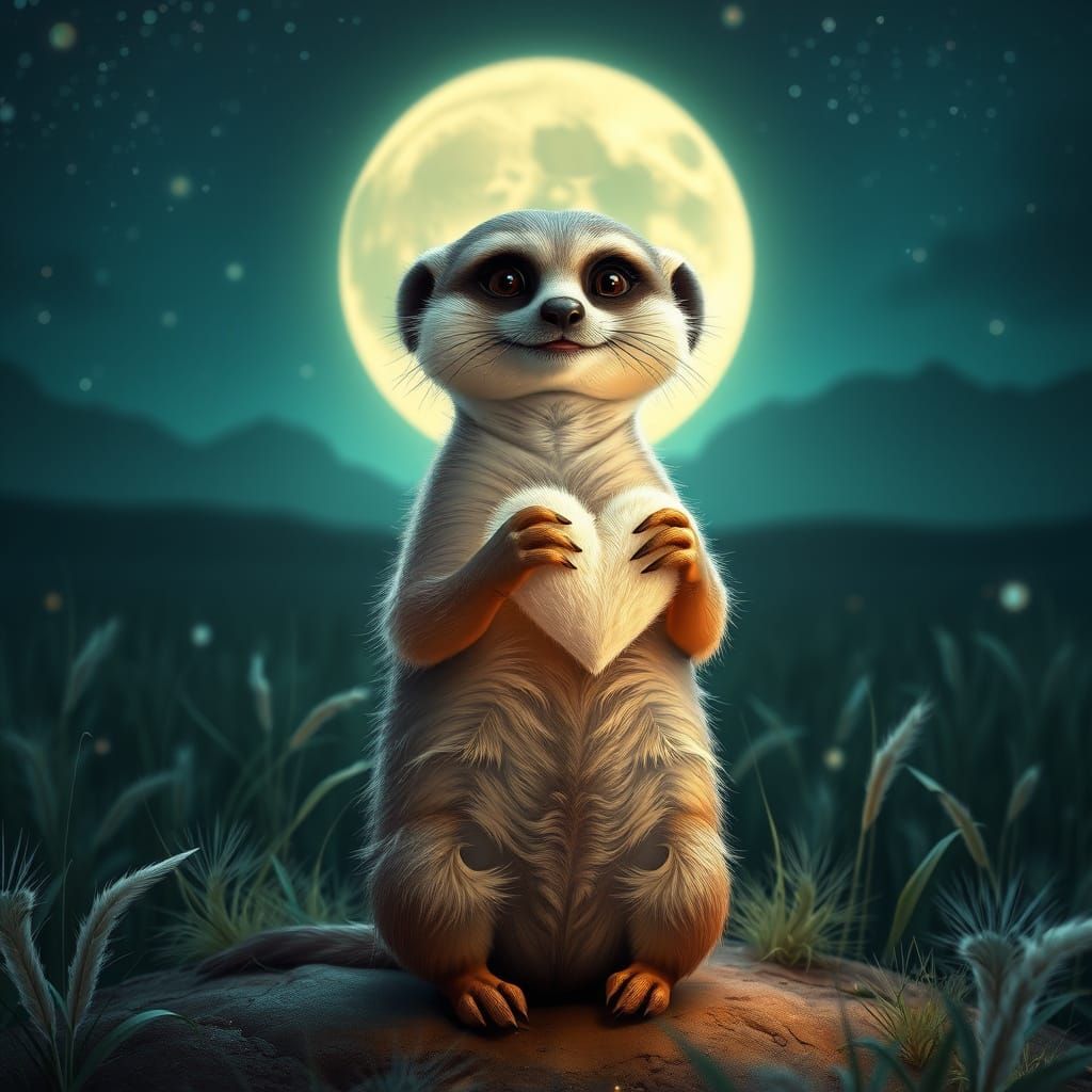 Whimsical Meerkat Offers a Gift Under Starry Night Sky