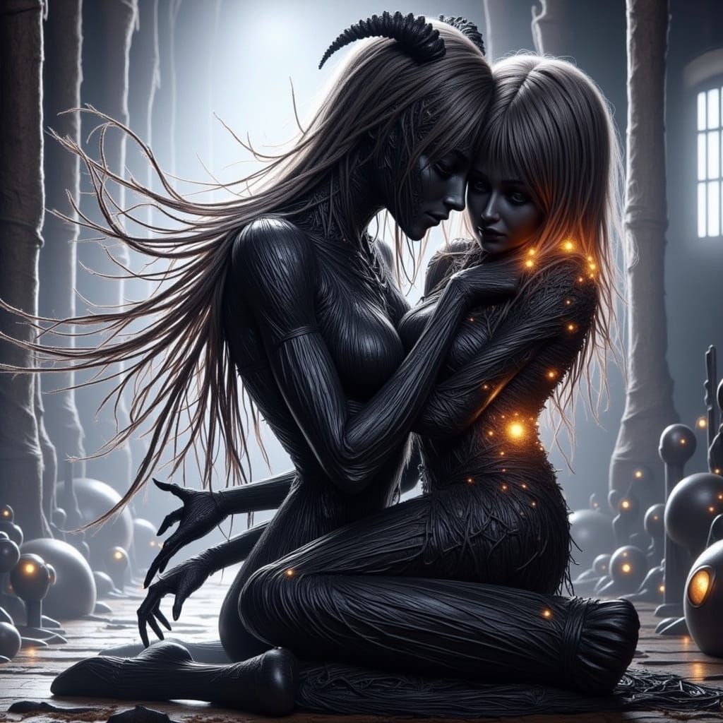 Metallic Gaze: Alluring Figure in Electric Light