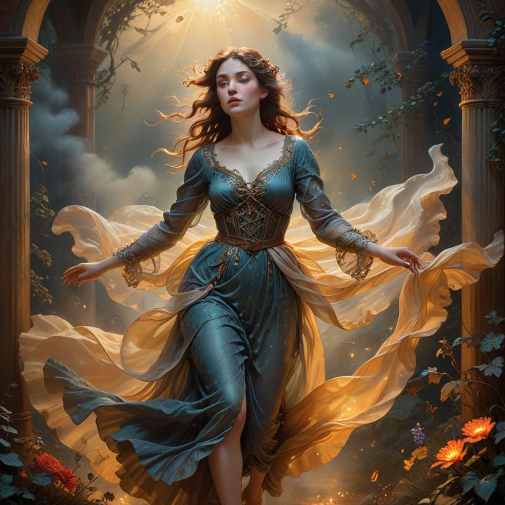 Mystical Dreamlike Scene of a Young Woman Running Free with...