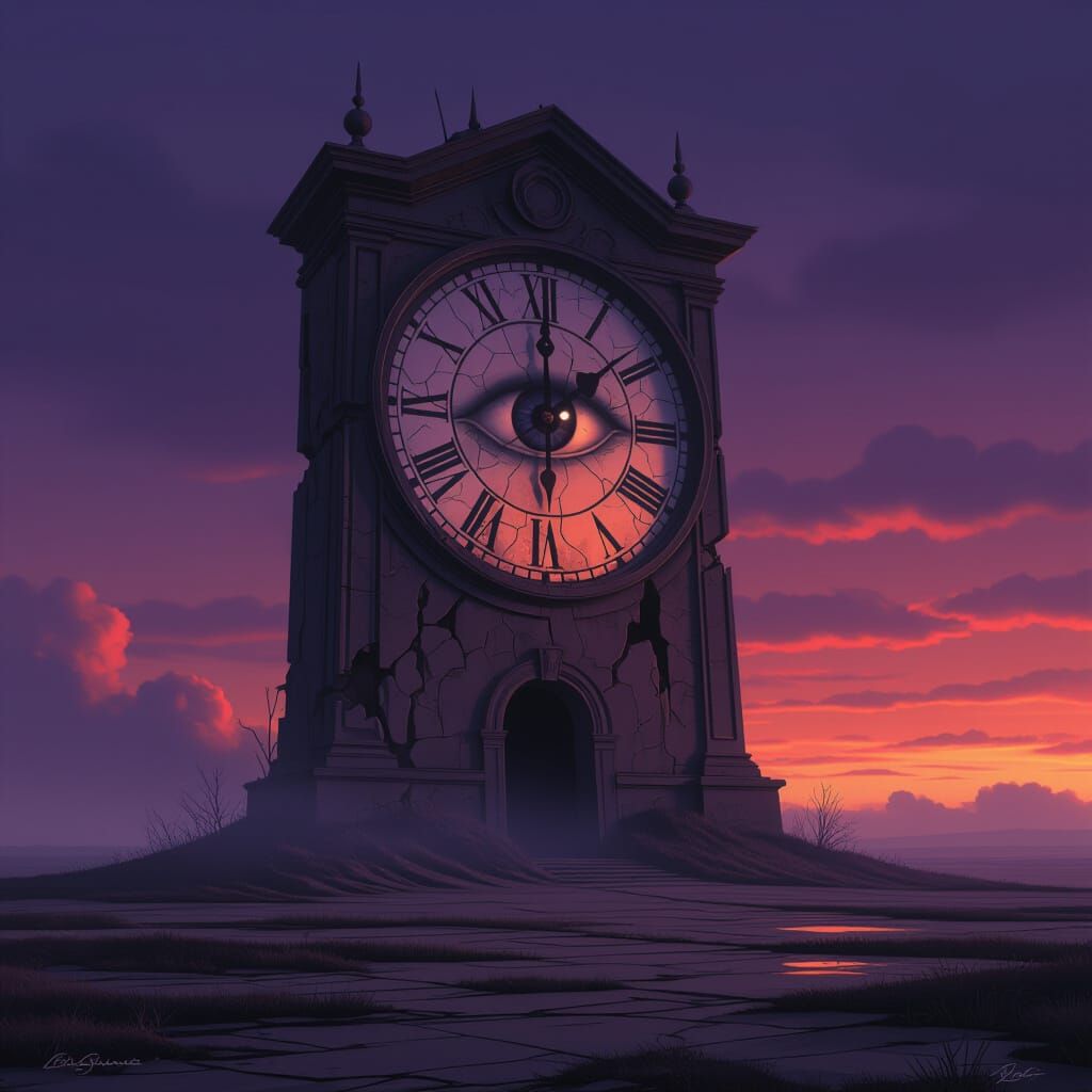 Abandoned Clock Tower with Melancholic Eye in Twilight