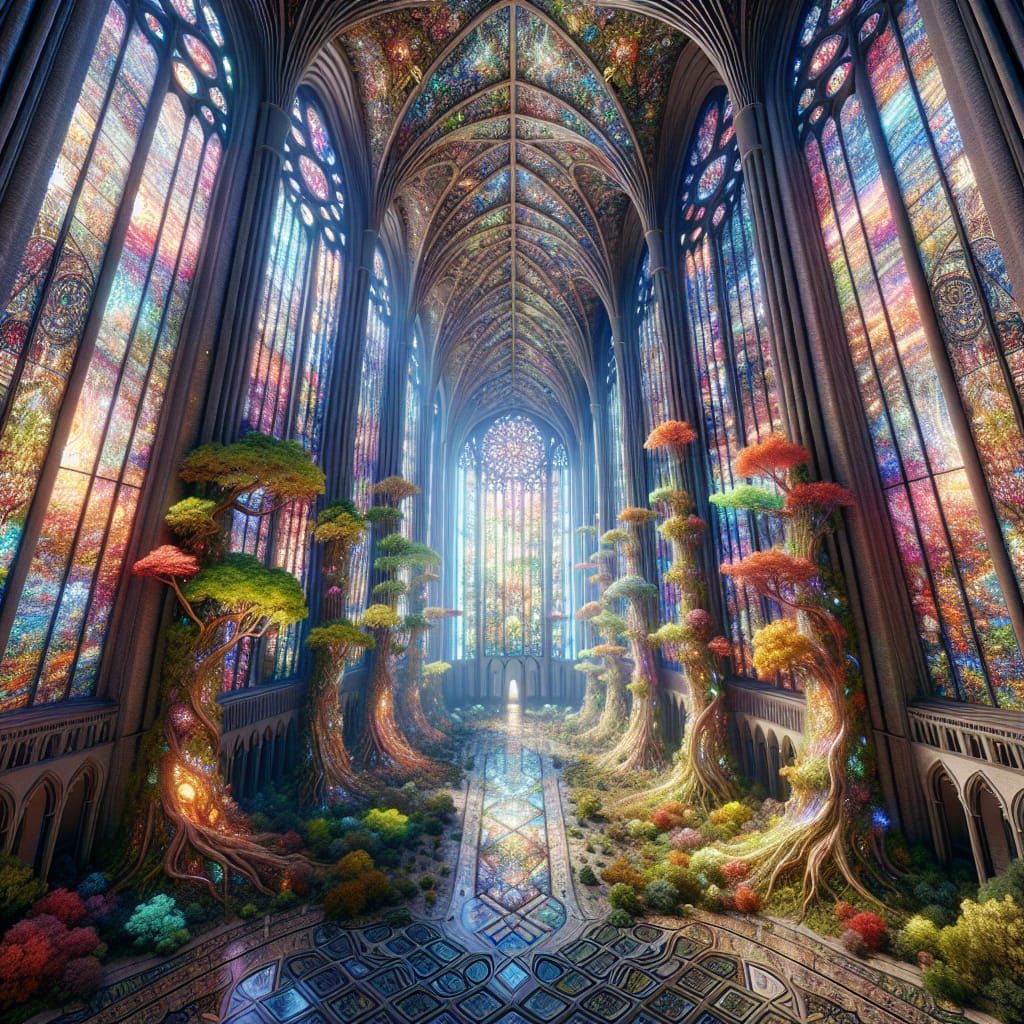 Stained Glass Cathedral with Towering Trees