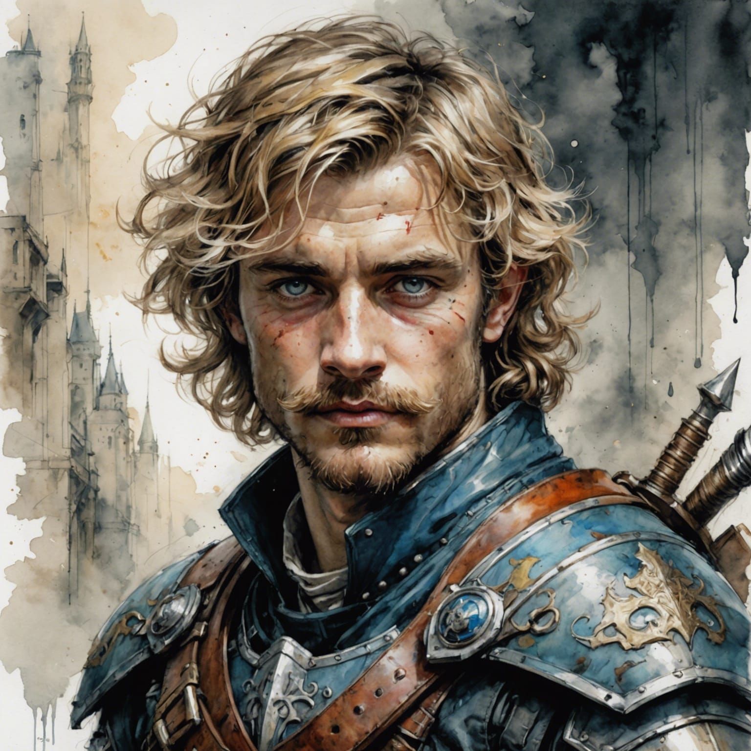 Handsome young Knight, Curly blonde hair, Handle Bar mustach...
