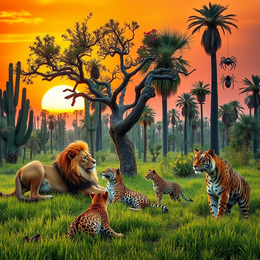 Lion and Leopard Play at Sunset, Hyperrealistic Style