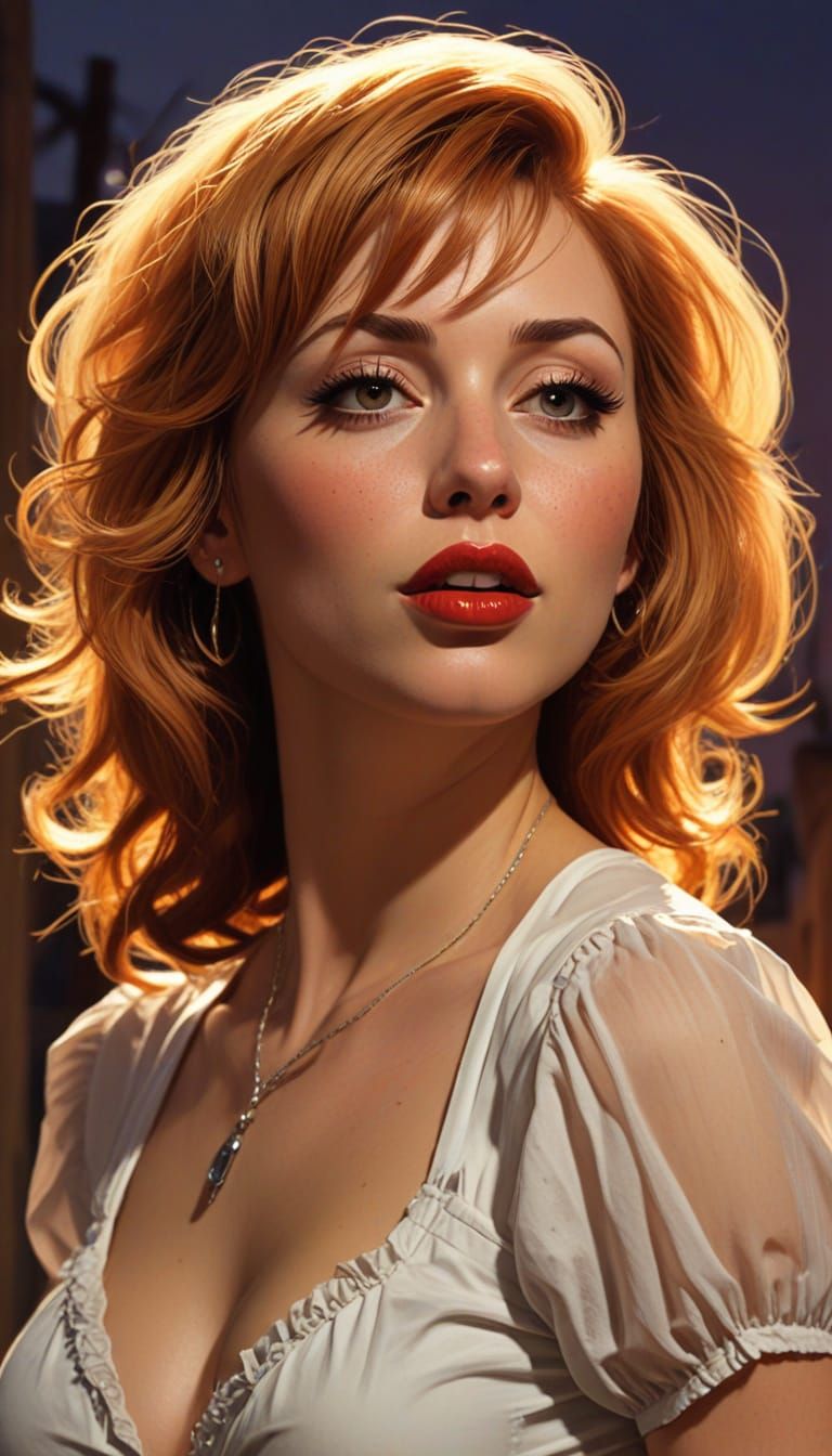 Redhead Damsel in Distress in Retro Pulp Art Style