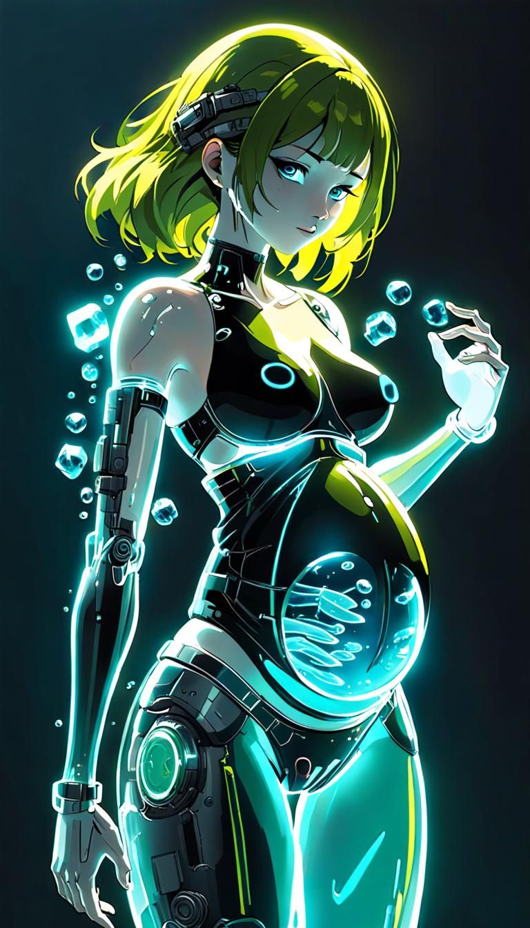 Cyberpunk Motherhood: Transparent Glass Body and Glowing Liq...