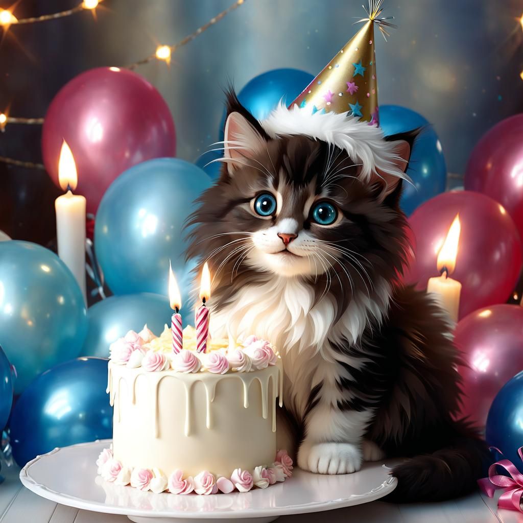 Adorable Alien Kitten Birthday Party in Dark Fantasy Style