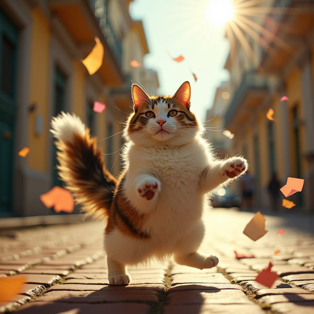 Calico Cat's Joyful Dance in Columbia's Dreamy City