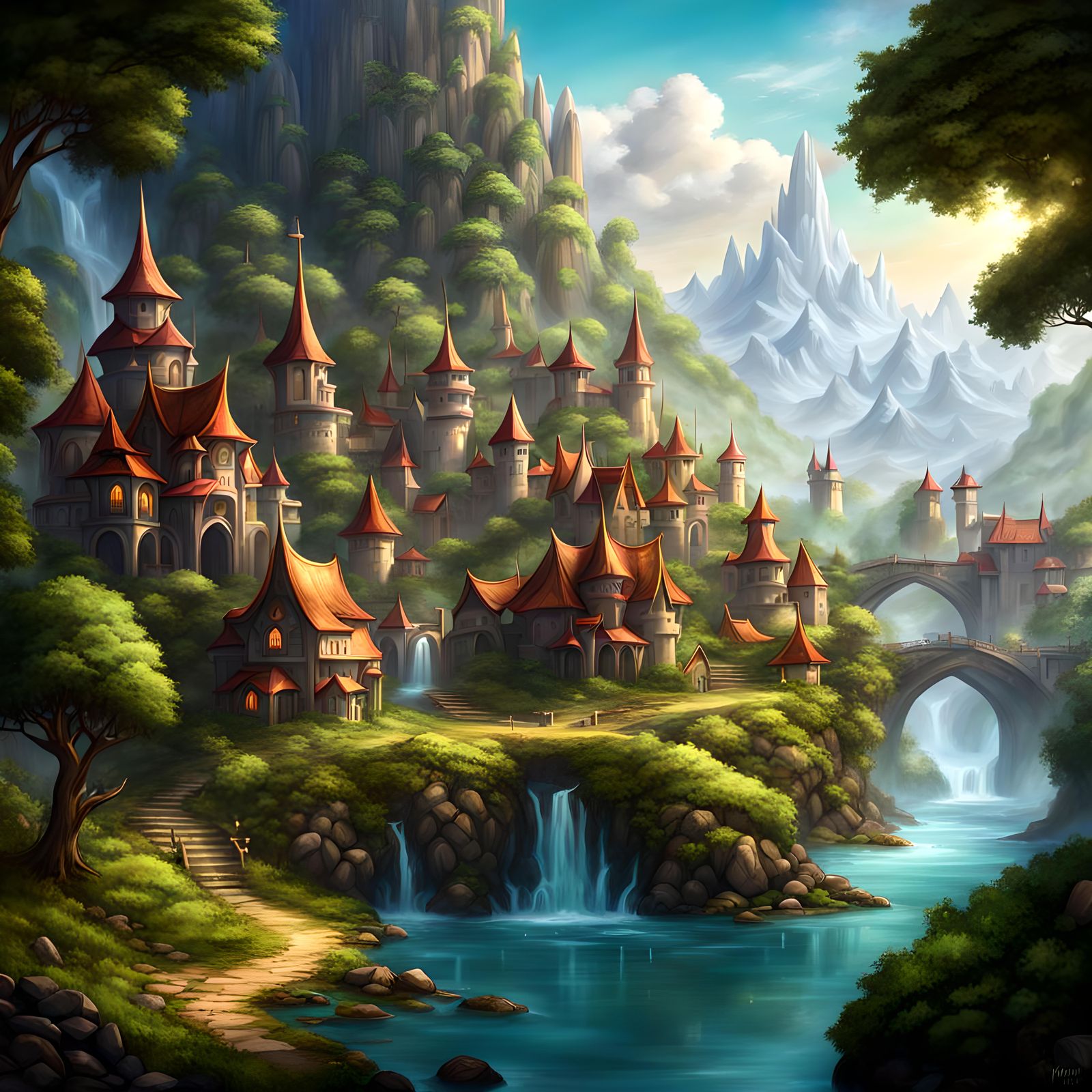 Fantasy elven town,  Background Mountains, fantasy  forest, ...