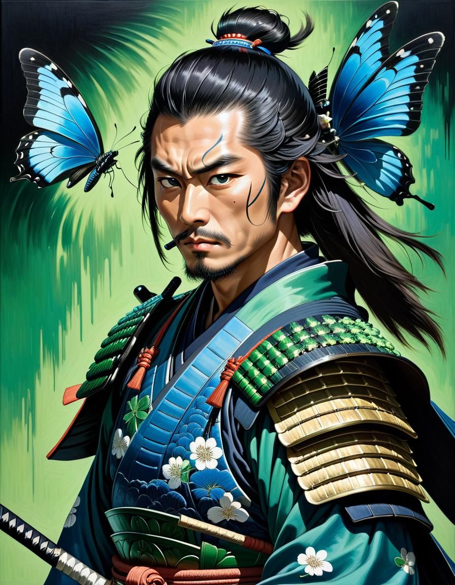 Samurai Warrior with Butterfly: Japanese-Style Oil Painting