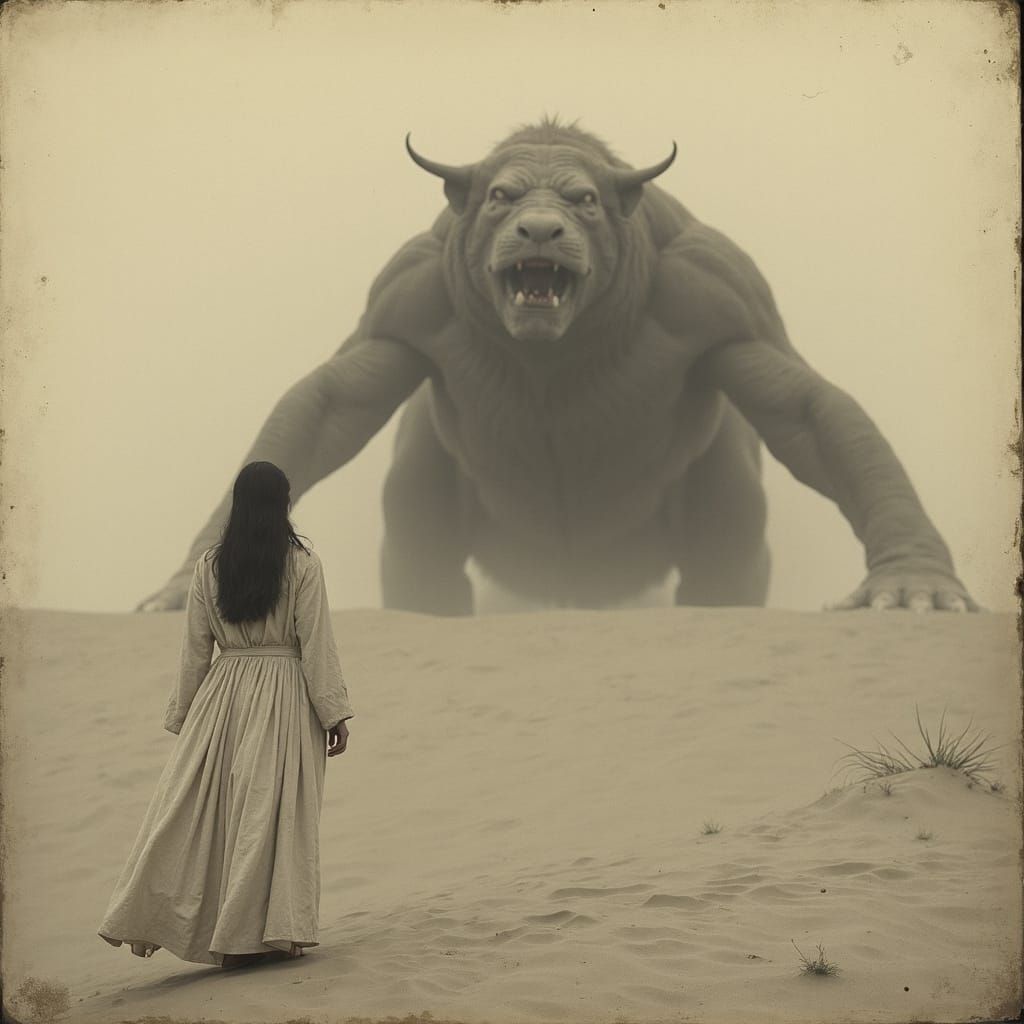 Woman Faces Colossal Beast in Desert