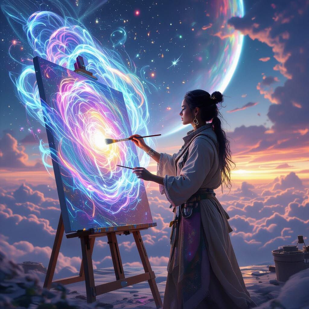 Concept art. Medium shot. Sculptor Elverda Apacheta standing...