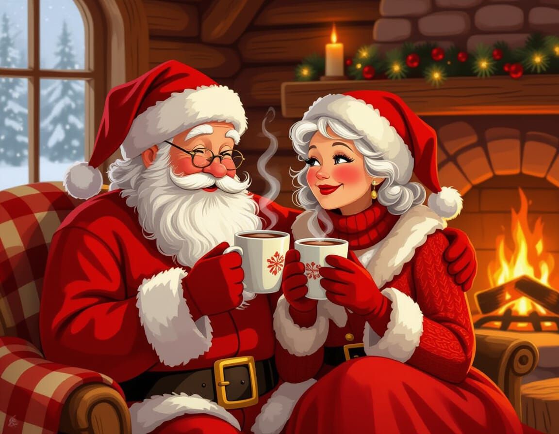 Santa and Mrs. Claus Relaxing by Fireplace