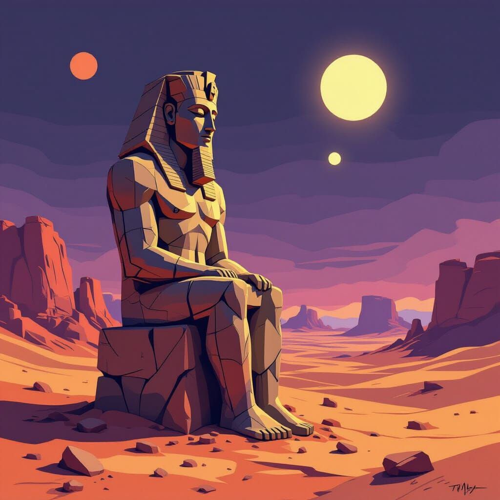 Colossal Deity Statue in Alien Desert Under Twin Suns