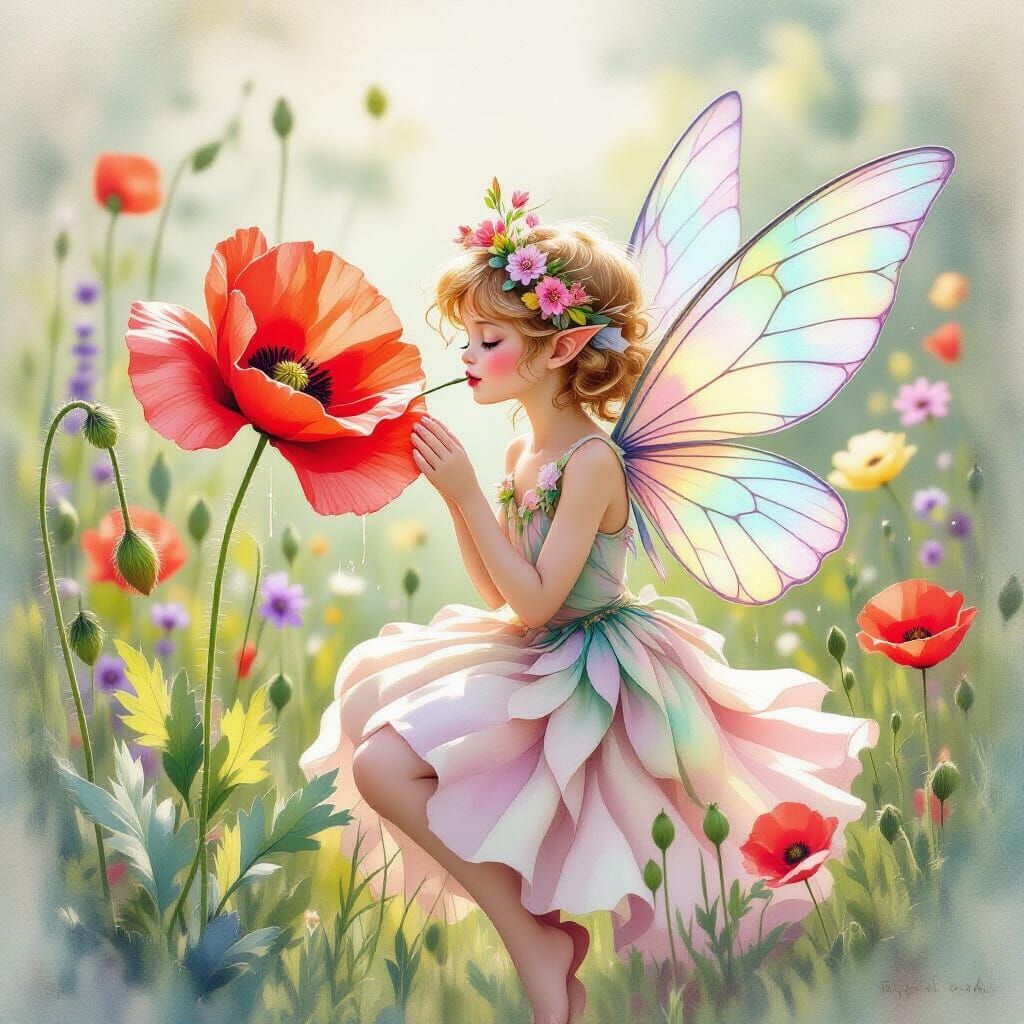 Pixie Sips Nectar in Whimsical Watercolor Garden