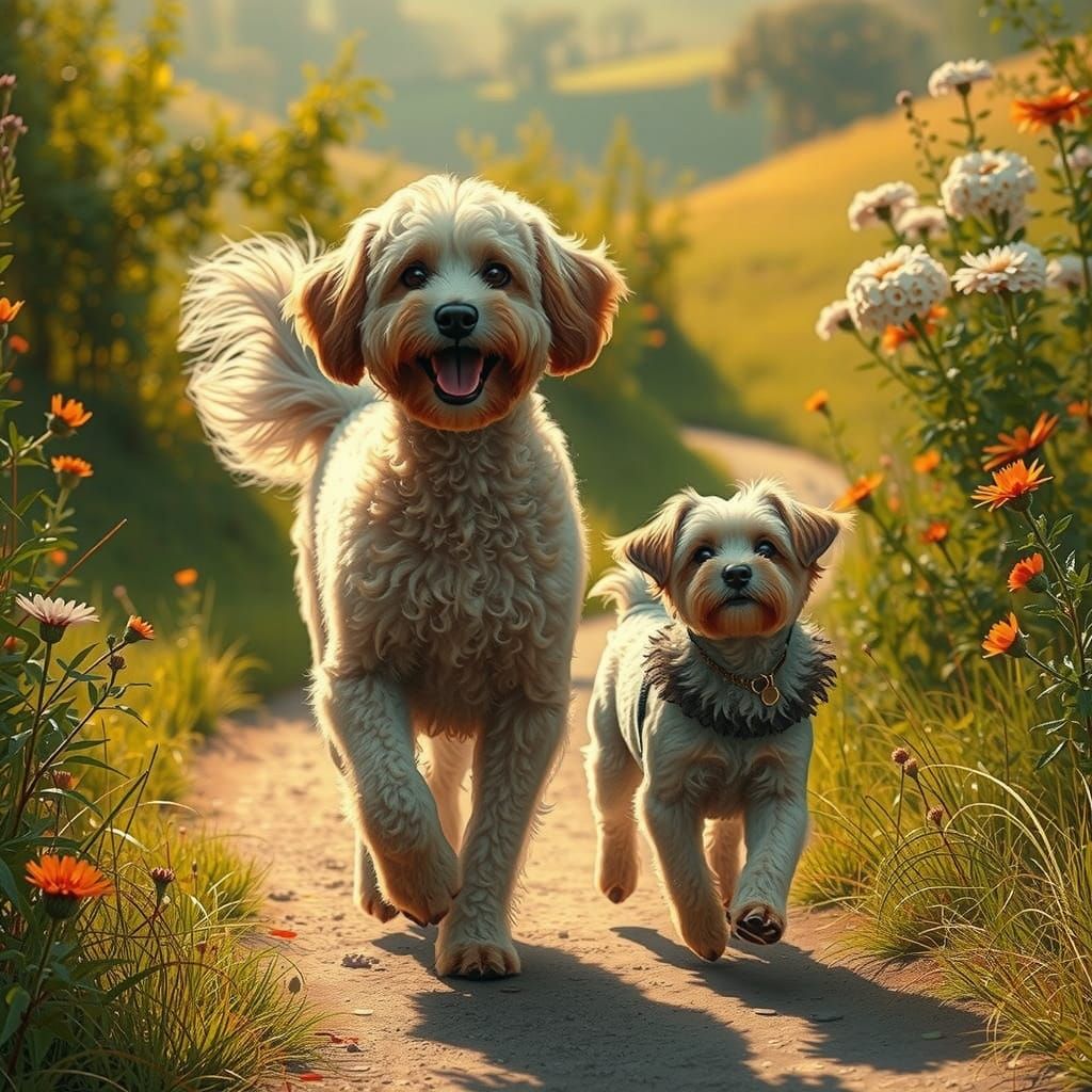 Cockapoo and Yorkie Poo Strut Alongside Each Other in Whimsi...
