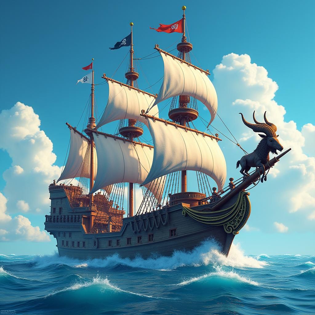 Magical Pirate Ship with Goat Figurehead, Fantasy Art