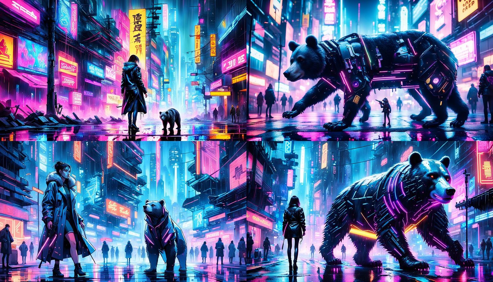 Girl and Cyberpunk Bear in Neon Cityscape
