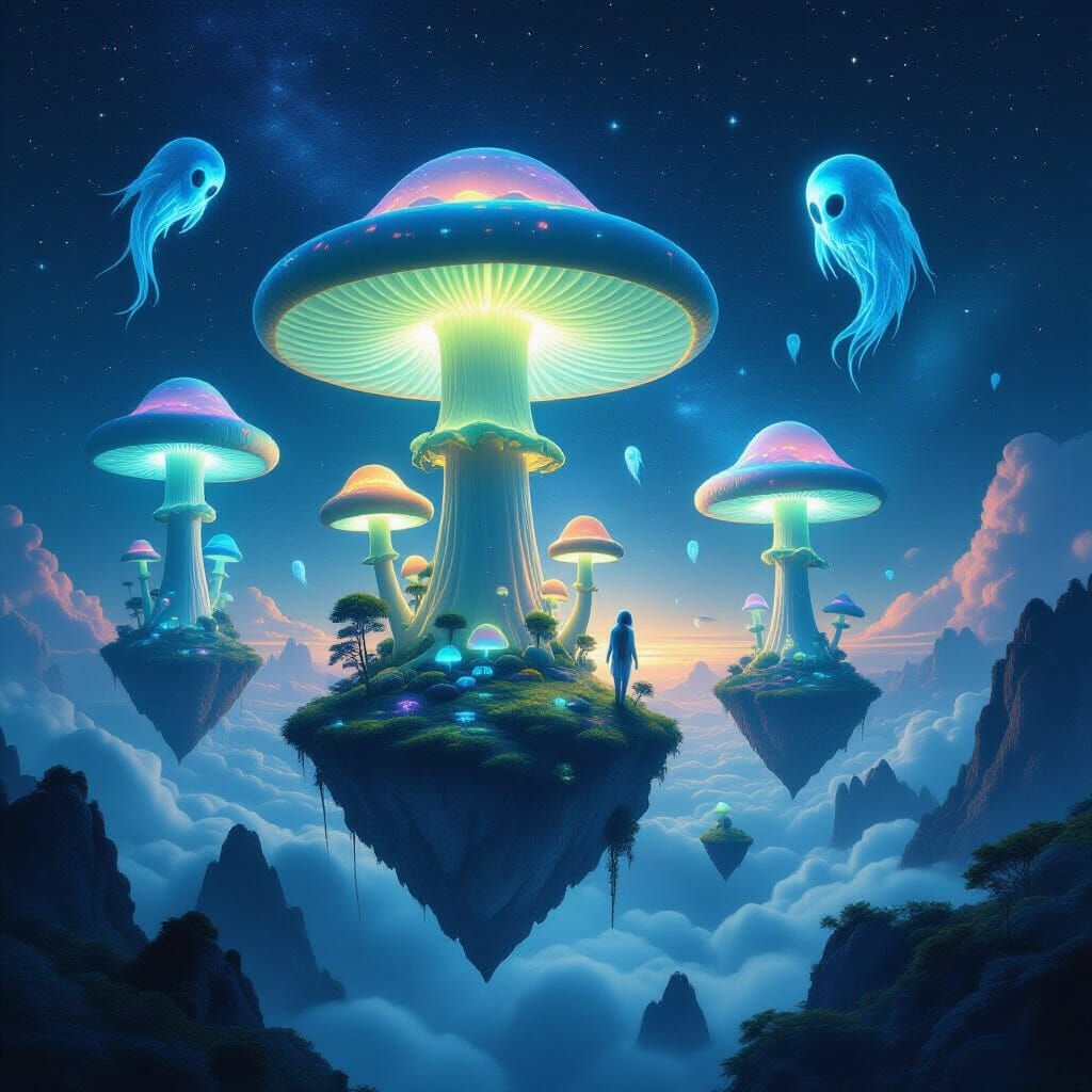 Cosmic Surrealism: Bioluminescent Mushrooms on Floating Isla...