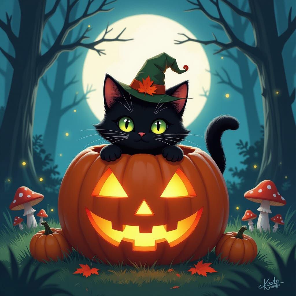 Mischievous Black Cat in Enchanted Forest with Jack-o'-Lante...