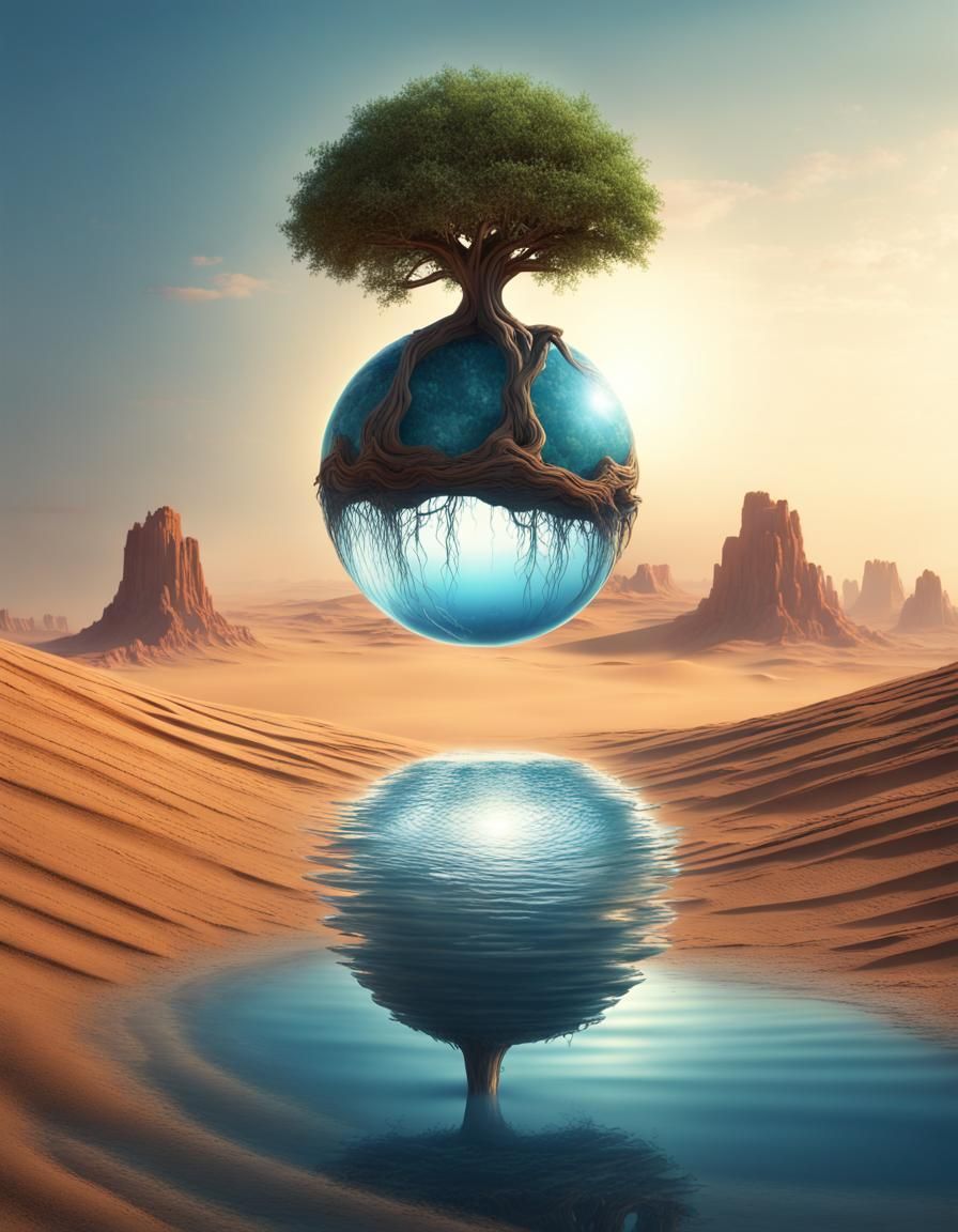 Tree Roots Enveloping Water Sphere in Desert