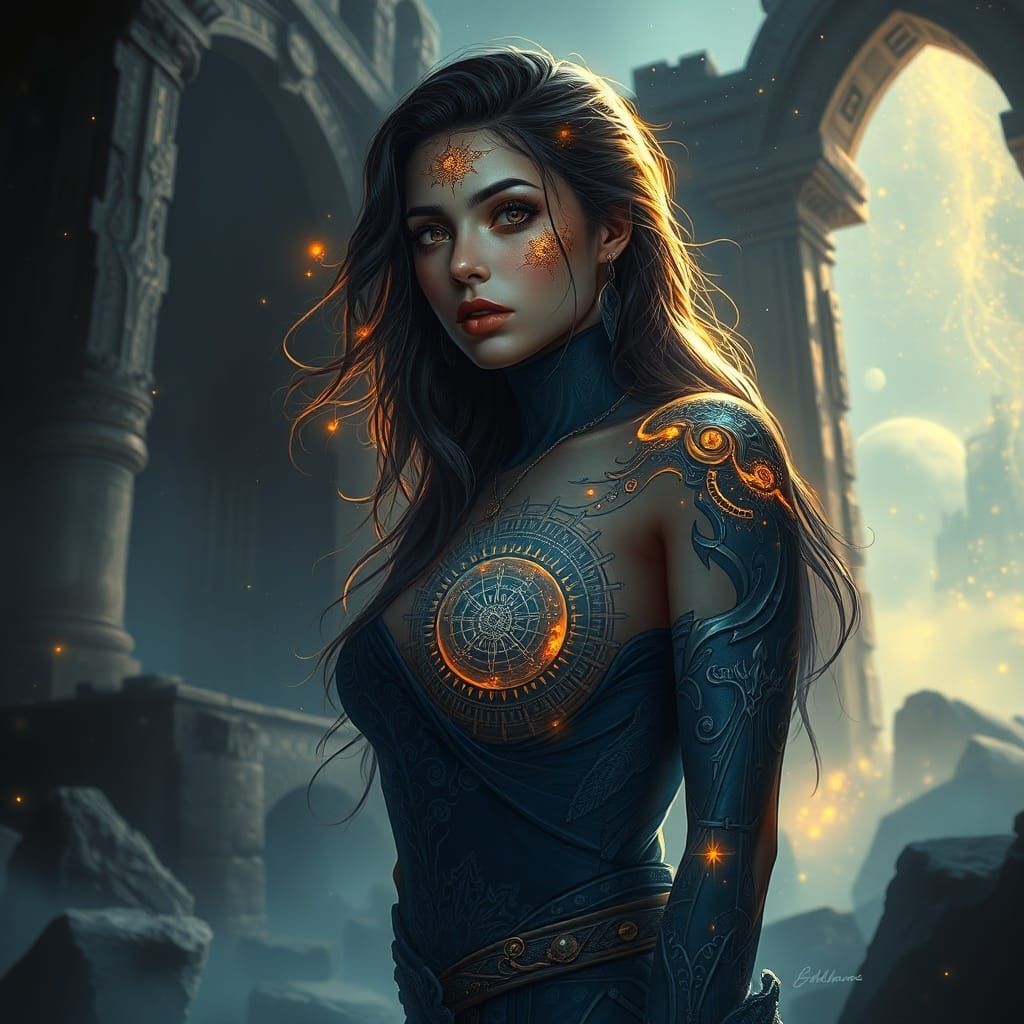 Mystical Woman with Celestial Tattoos in Ruined Ethereal Mis...