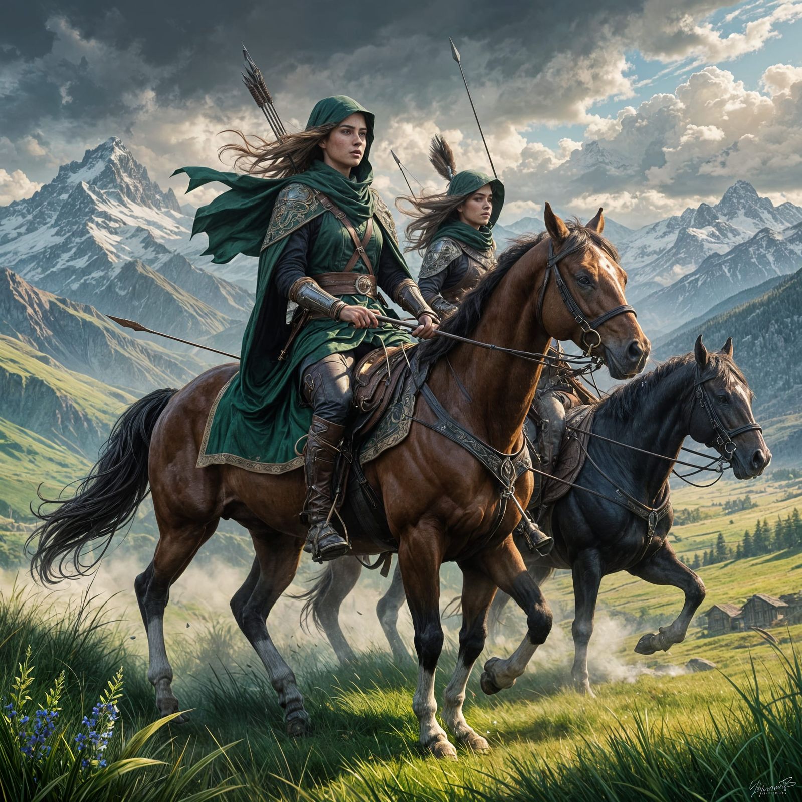 Hooded Horse Riders in Misty Landscape