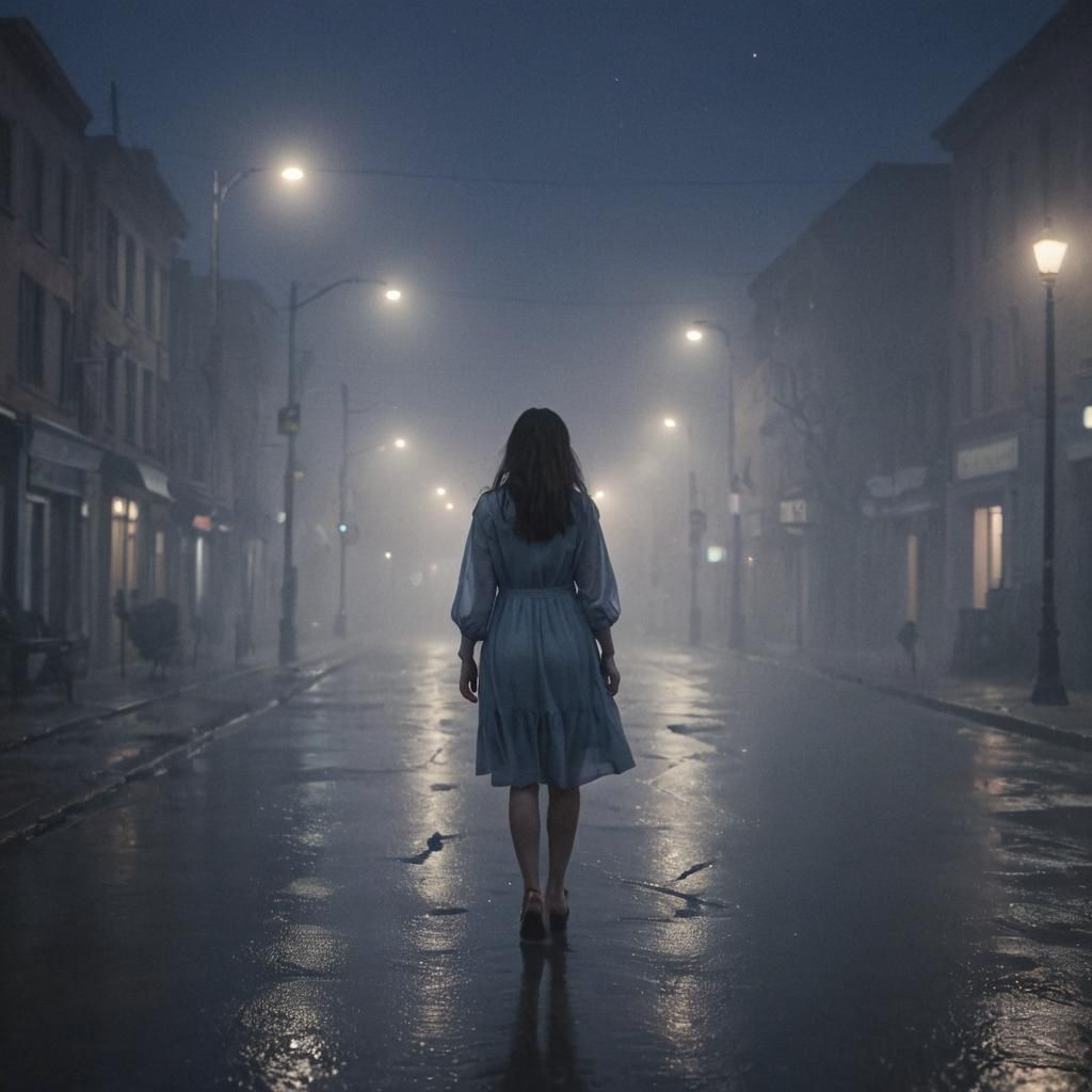Eerie Moonlit Night: Woman Walks in Misty Town